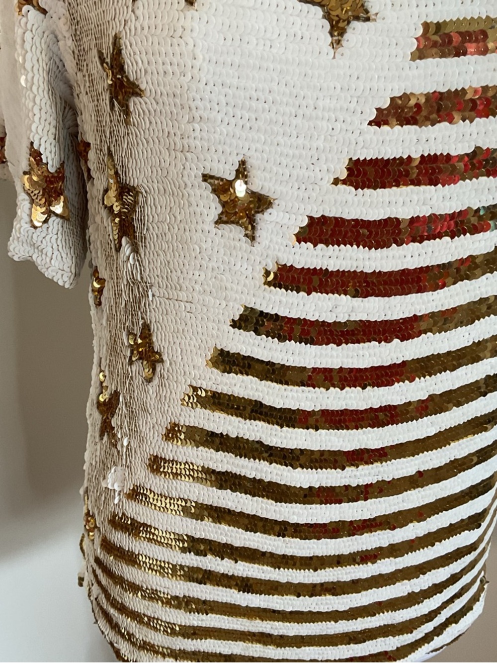 Modi 100% Silk White Blouse Gold Sequin Stars & Stripes Top Small Lined - Picture 4 of 8